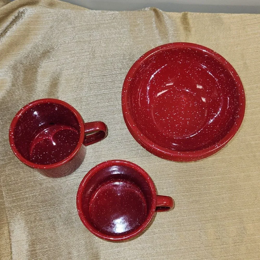 Red Enamel Ware Speckeled Metal Bowls and Cups